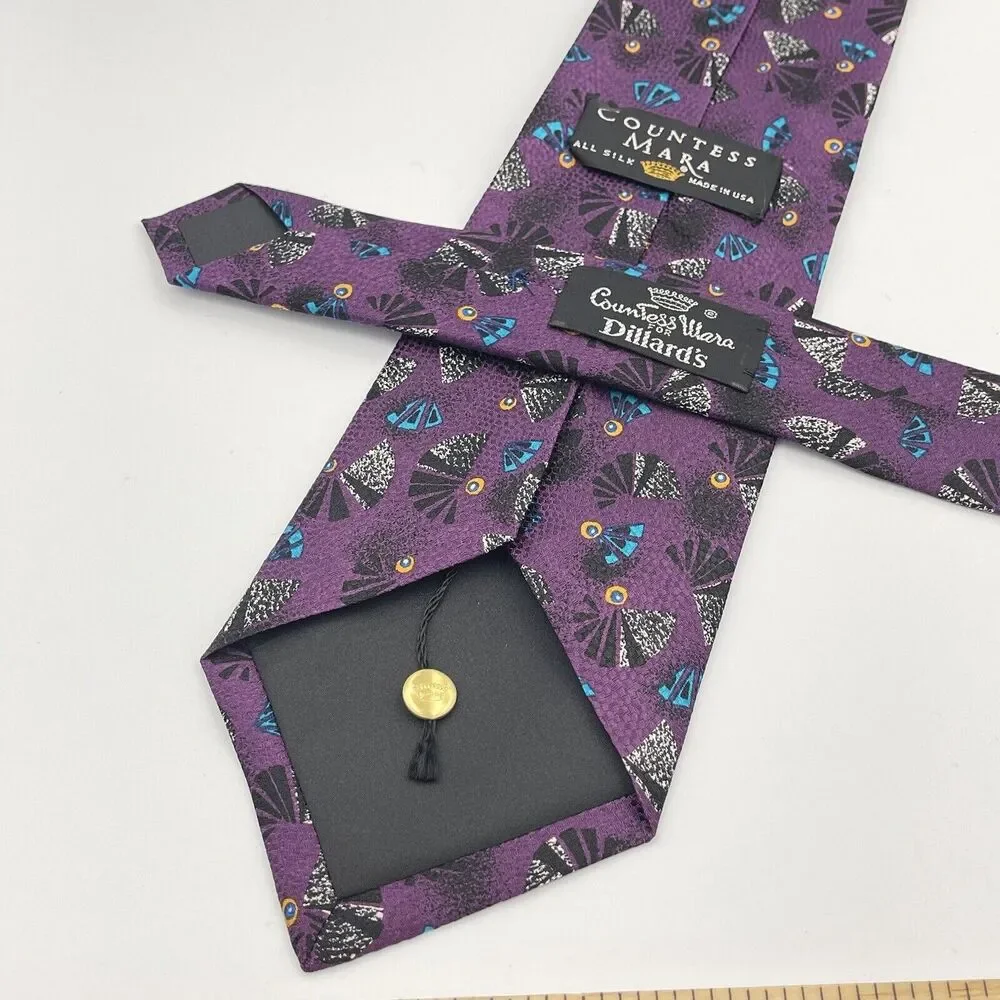 Countess Mara 100% Silk Neck Tie Vintage Novelty Feather Peacock Fan Purple